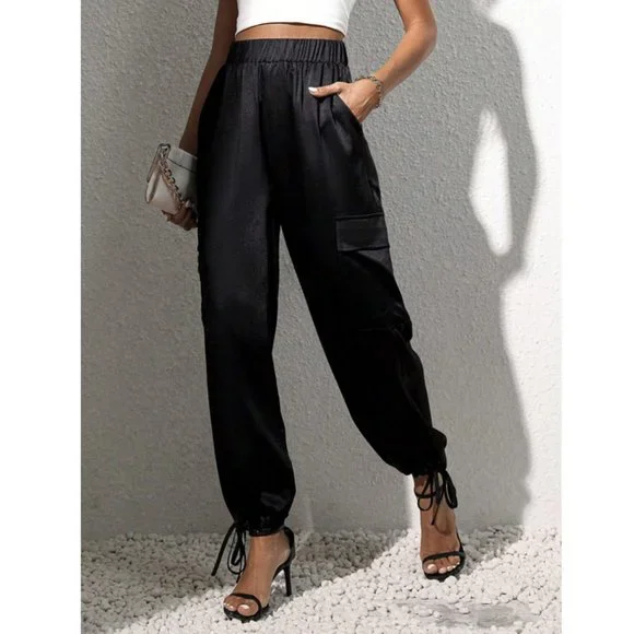 Luxe Look Satin Pocketed Joggers - Black - Picture 4 of 6